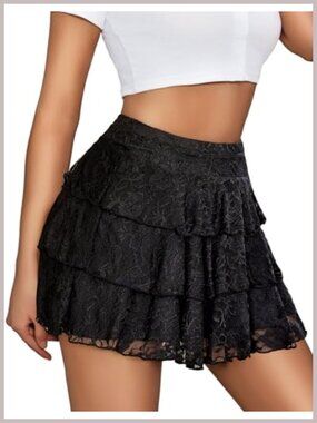 Pleated Mini Skirt Lace Ruffles High Waisted A-Line Short Skirt